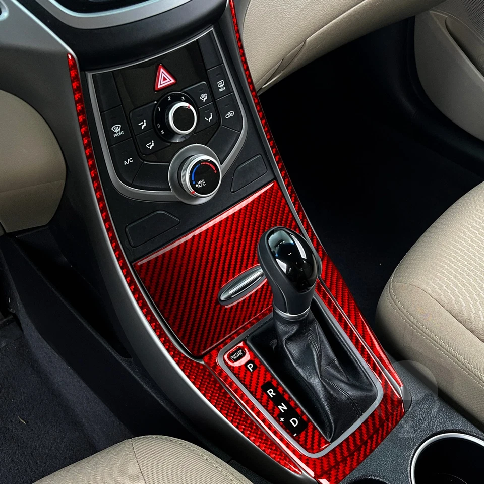 Cubierta de panel de cambio de marchas de consola de fibra de carbono roja 6 piezas para Hyundai Elantra 2011-16 Foto 3 de 4
