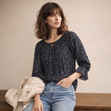 Ines de la Fressange x Uniqlo Womens Floral Crinkle Blouse Small Parisian Boho