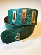 Vintage Belt Wide Green Crocodile Embossed Leather Gold Hardware Stamped 1902 46