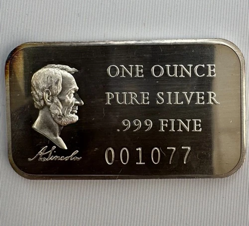 1972 Abe Lincoln One Ounce .999 Fine Silver Art Bar Madison Mint SN#001077 w/SLV
