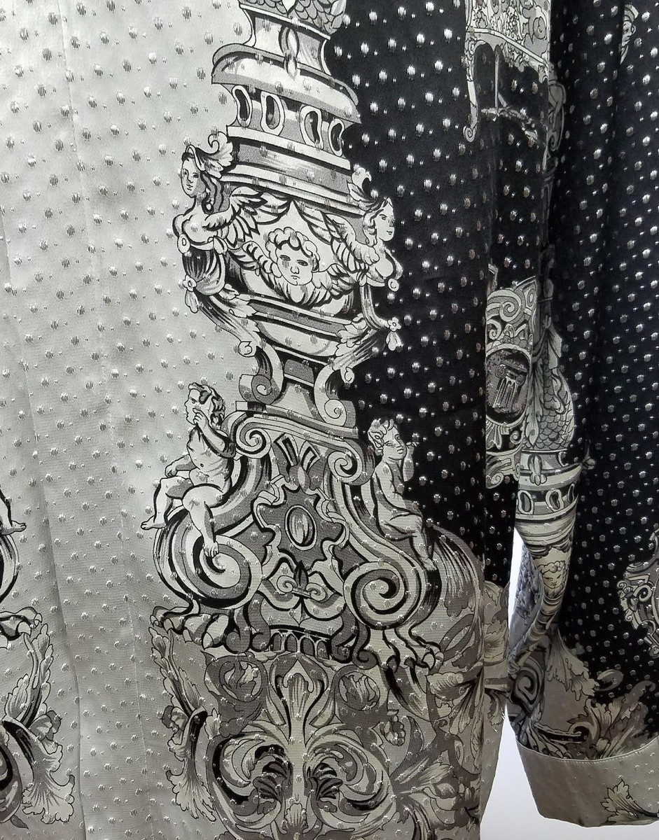 VINTAGE MEN'S MONZINI METALLIC SILK SHIRT BLACK WHITE & GREY