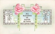 Easter Card Arts Crafts Pink Roses Flowers Faux Frame Blessings Vtg Postcard F23