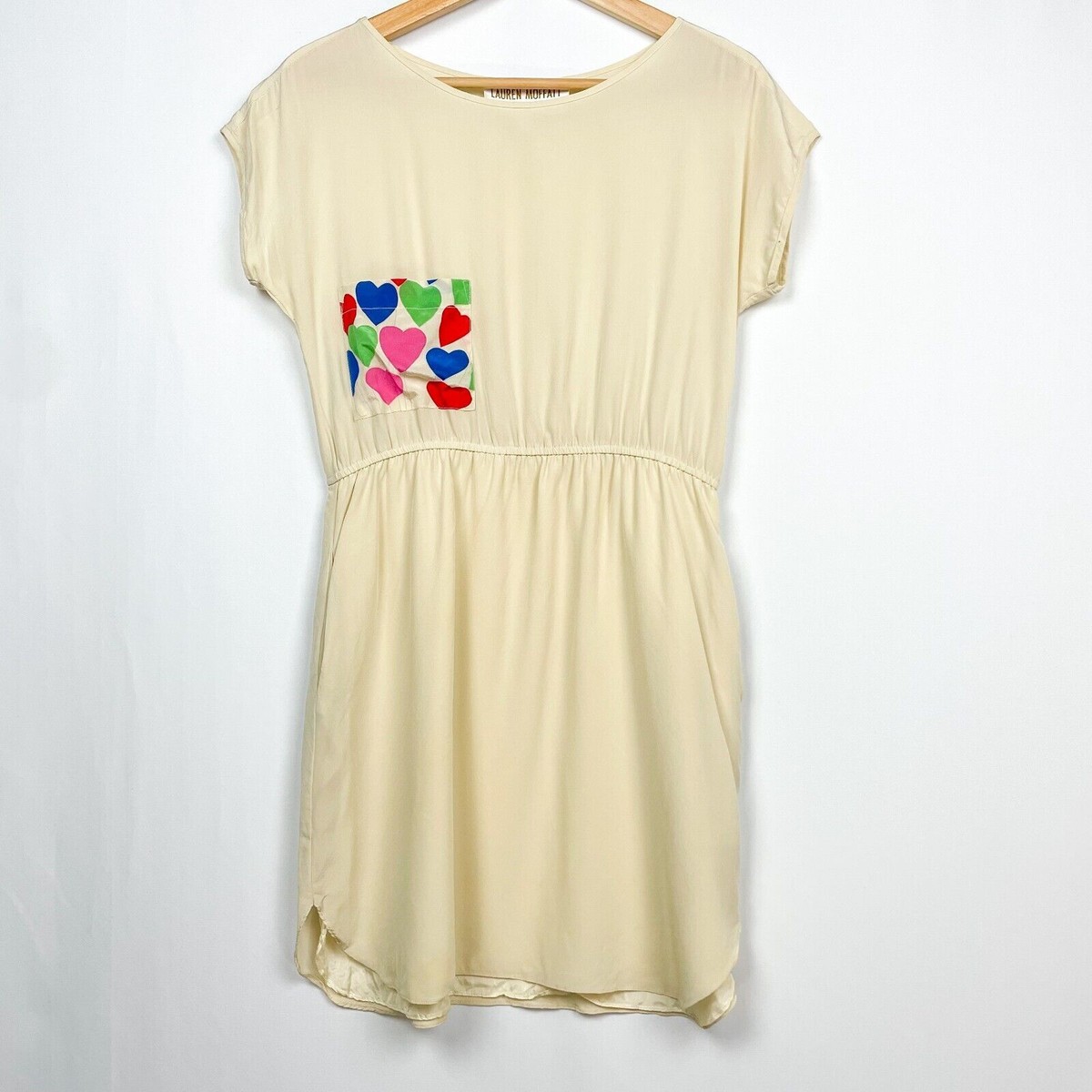 lauren moffatt silk dress Lauren Moffatt Silk Heart Pocket Dress Size 6 Ivory Cream Blouson Pockets