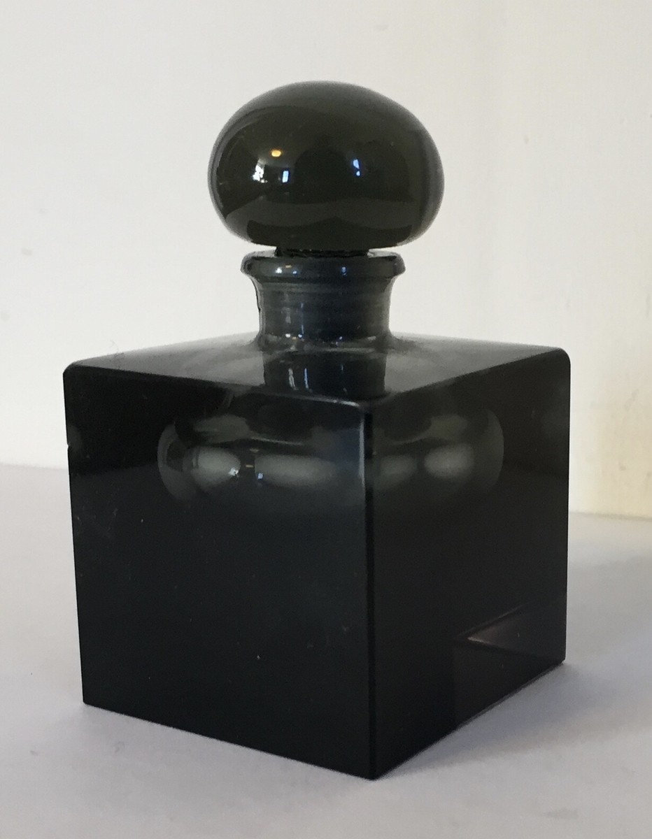 Antique Black Glass Crystal Perfume Bottle Square Shape Art Deco