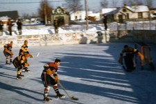 35mm Slide 1950s Red Border Kodachrome Ice Hockey Game on Streets of Fairbanks