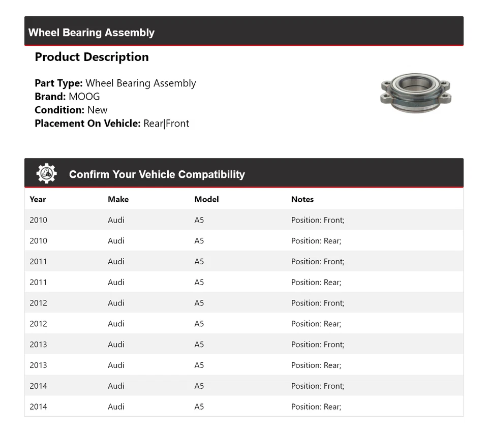Conjunto de cojinete de rueda para Audi A5 2010-2014 MOOG 2010 2011 2012 2013 2014 Foto 2 de 4