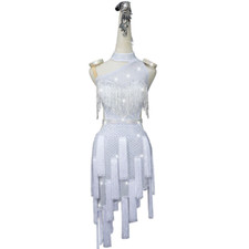 New White Latin Dance Dress Competition Performing Adult Children Skirt Split