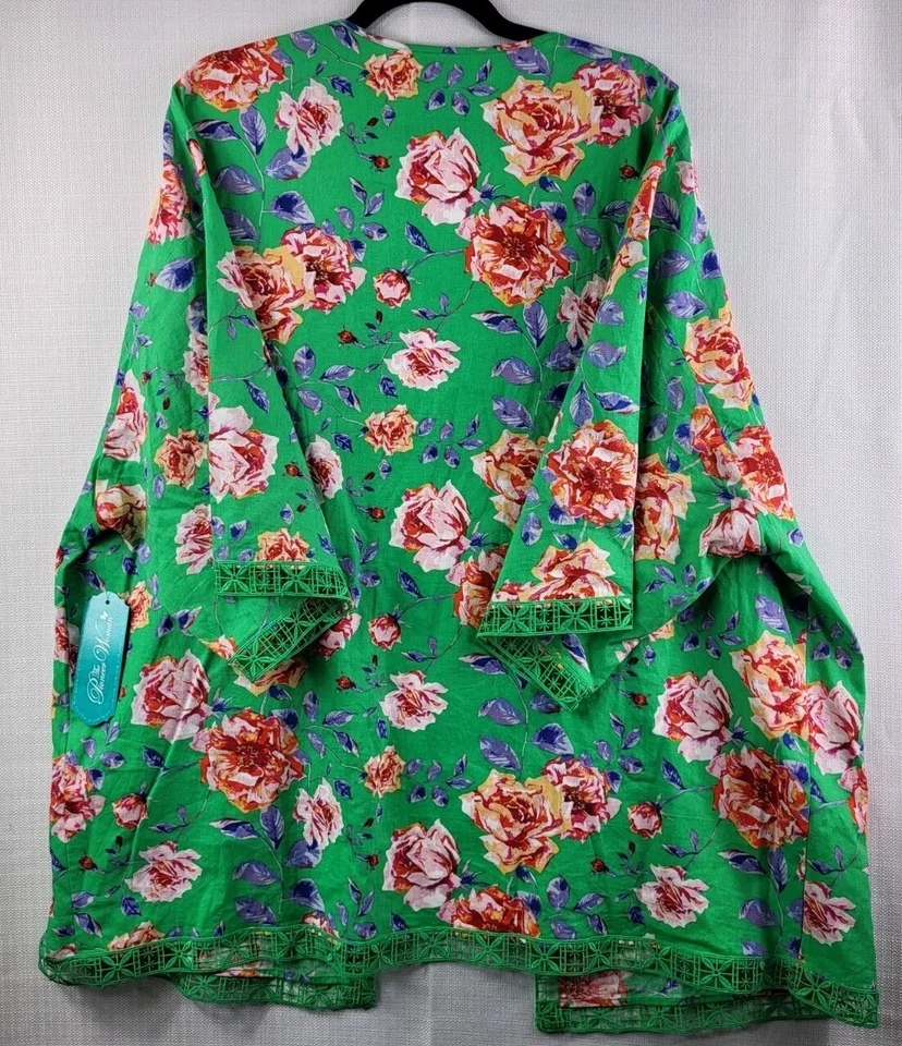 The Pioneer Woman verde floral espanador acabamento em crochê quimono cobertura G/XL country - Imagem 3 de 4