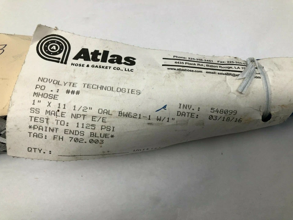 Atlas Hose FH702.003 1″x11-1/2″ OAL 1125PSI Braided SS Flexible Hose Joint - Image 3 of 3