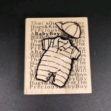 Stampendous Baby Boy Romper Baseball Cap Words Wood Mounted Rubber Stamp