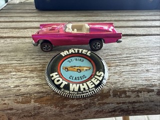 1968 Redline Hot Wheels Hot Pink Classic '57 T Bird With Button Badge Vintage