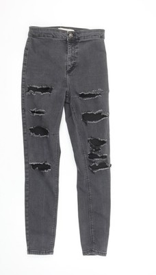 Topshop Women Grey Distressed Skinny Jeans Size 10 High Rise Stretch Denim