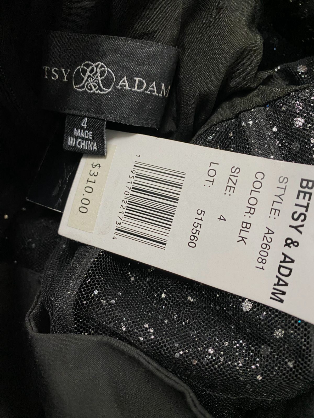 Betsy & Adam Womens Black Long Square Neck Glitter Mesh Ball Gown Size 4