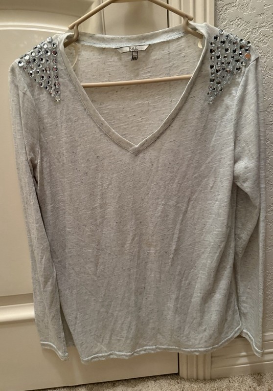 BKE Western Long Sleeve Tee Pastel Green V-neck Bejeweled Cotton Blend XS