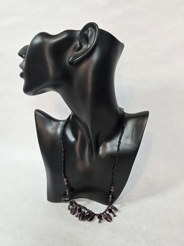 Purple beaded plastic dangly wire necklace with no clasp