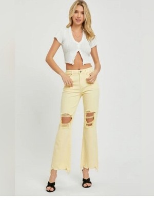NWT RISEN High Rise Straight Cropped Jeans Distressed Pale Yellow Size 9/29