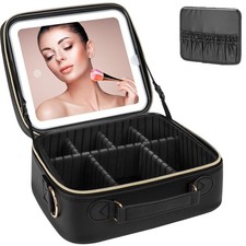 Makeup Bag with LED Mirror, 3 Color and Stepless Dimmable Rechargeable LED ...