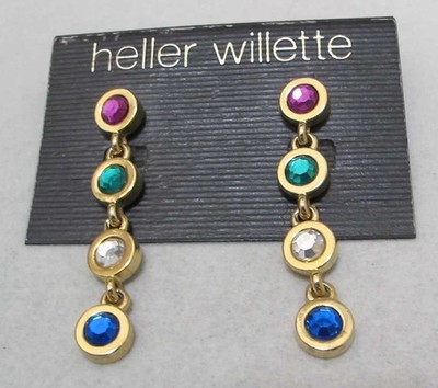 Vtg HELLER WILLETTE Multi-Color Bezel Set Gold Tone Dangle Earrings 2-1/4'' NOS