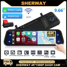 4K UHD Mirror Dash Cam Dual Lens CarPlay Android Auto 2CH Touch Screen 32GB DVR