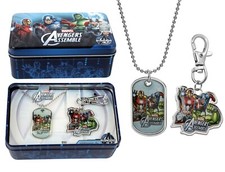 MARVEL AVENGERS Dog Tag Necklace  Key chain Set in a Keepsake Tin Gift Box Case