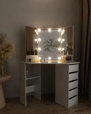 Corner Vanity Makeup Dressing Table Sets with 5 Drawers & 10 LED lights Mirror