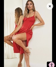 Pretty Little Thing Red Strappy Satin Gathered Midi Dress in Red