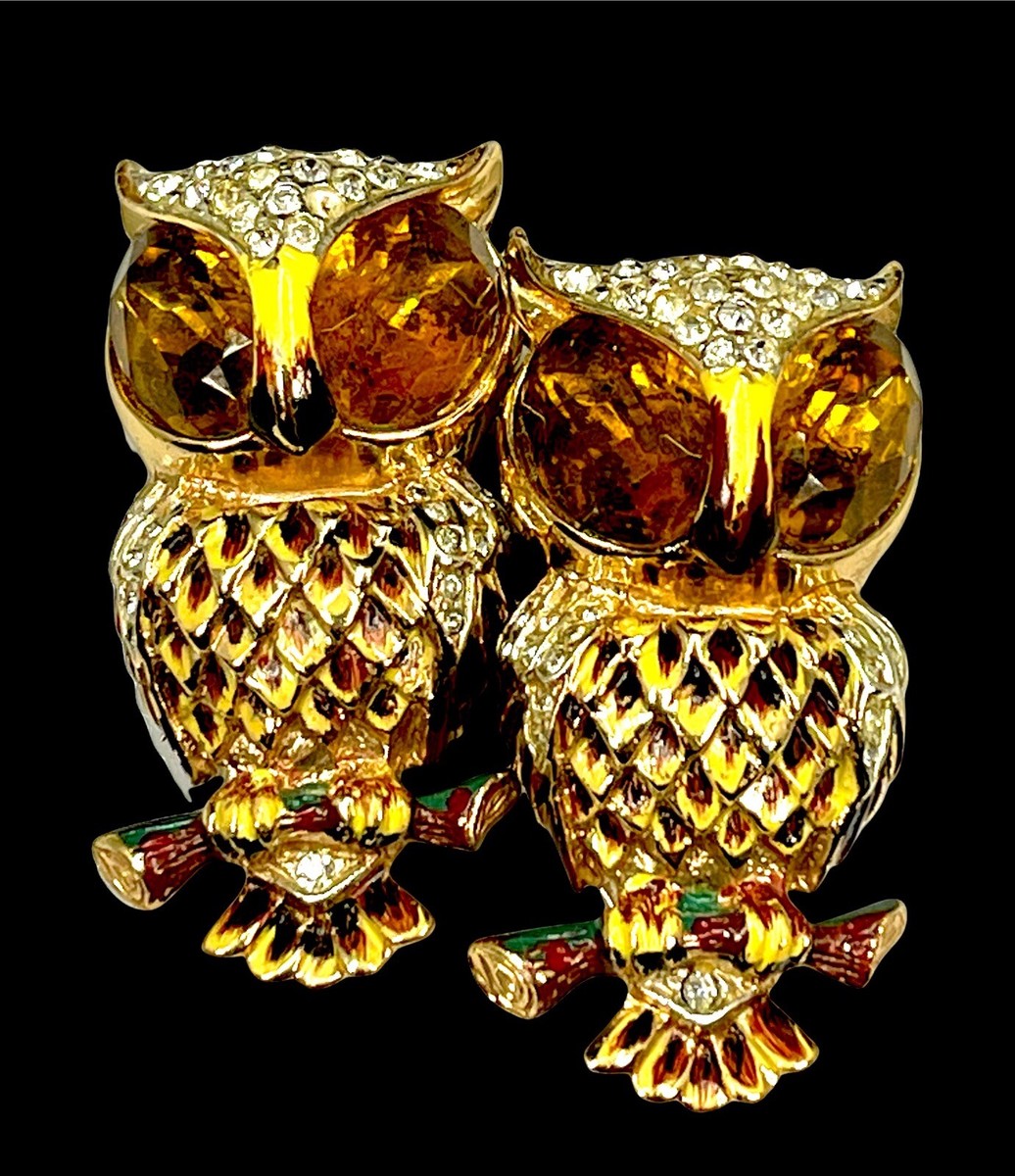 1944 COROCRAFT VERMEIL STERLING  'HOOTS' OWL BIRD PIN CLIP PENDANT AMBER DUETTE View 3
