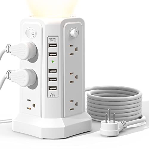 Surge Protector Power Strip Tower with 5 USB Ports and Night Light 10FT Exten...-image