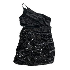 PrettyLittleThing Black Sequin One Shoulder Ruched Bodycon Dress Women's 6