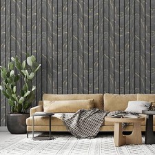 Image of MURIVA NEW WOODGRAIN PANEL CHARCOAL & GOLD WALLPAPER 193503