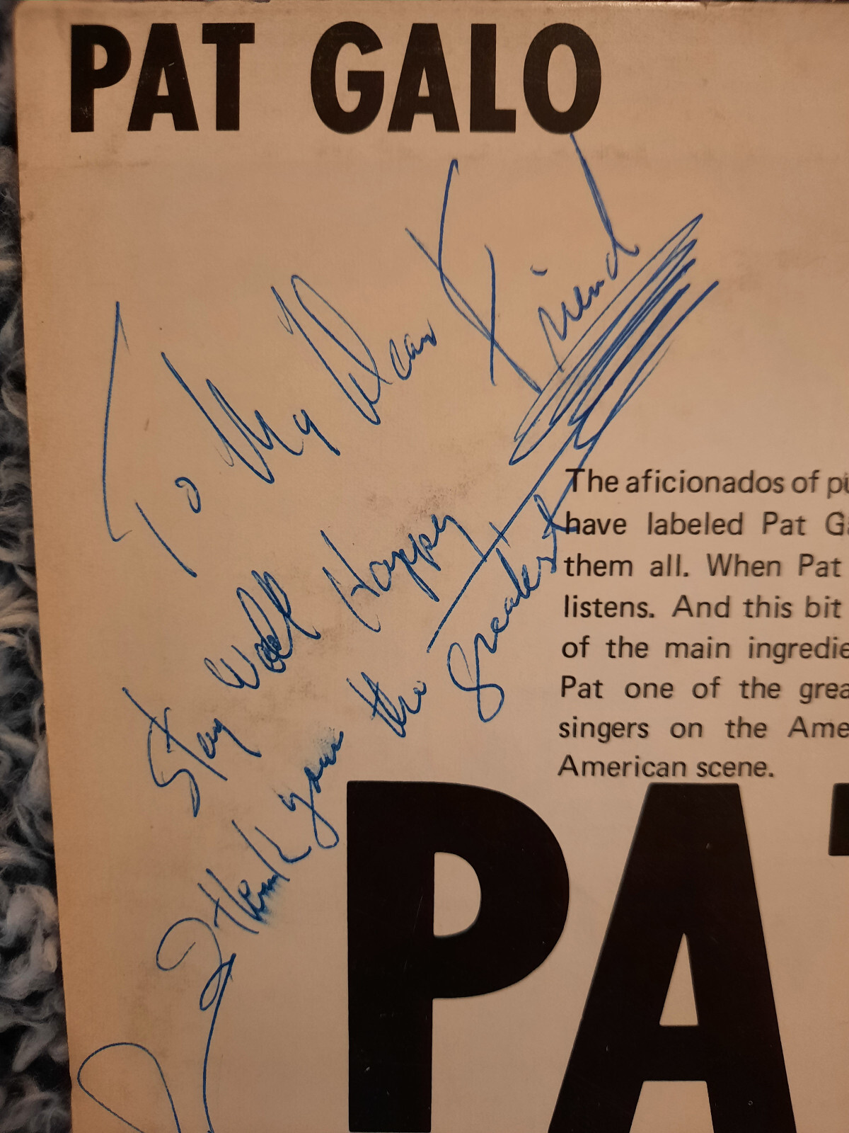 Pat Galo: Live at the Blue Grass. 1973. Vinyl Record Album LP. E2C4S. Signed!