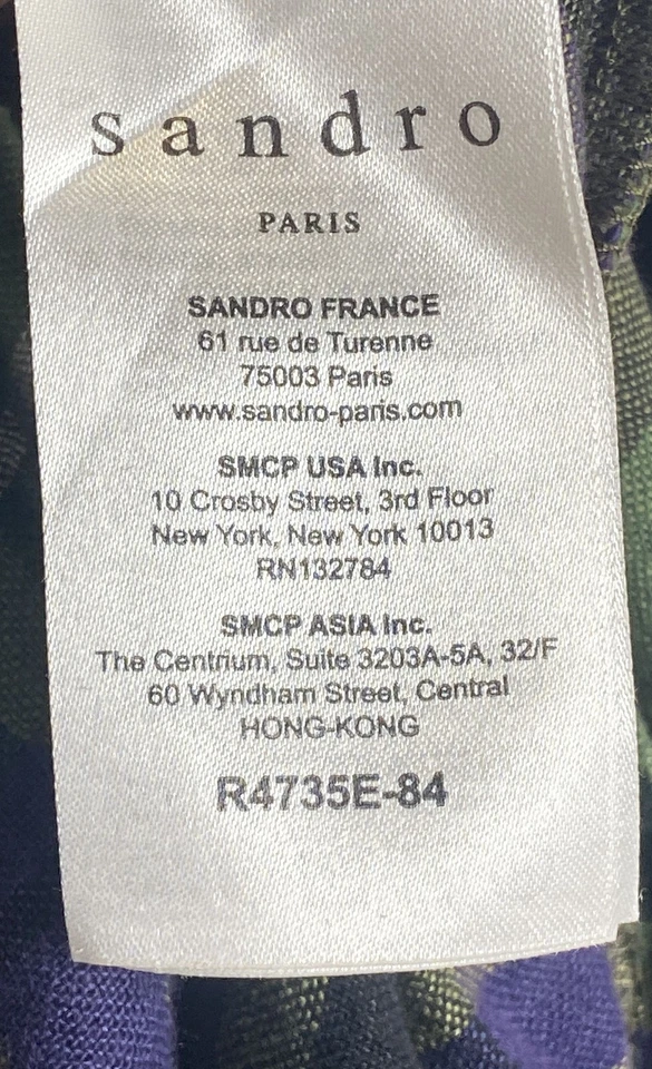 Sandro Robin Green Purple Plaid Ruffle Neck Linen Blend Shirt Dress Women's 2 M - Image 4 of 4