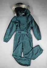 Vintage Fera Ski Suit Women 4 Green Full Zip One Piece Belted Hooded 25x29