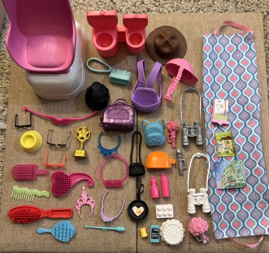 BARBIE MATTEL Lot of 43 Mixed Accessories for Dolls GUC Purses Brushes Toilet