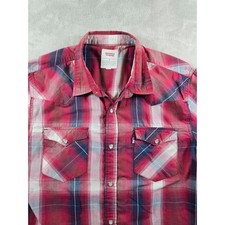 Levis Shirt Mens Medium Western Red Plaid Pearl Snap Short Sleeve Cowboy Rodeo