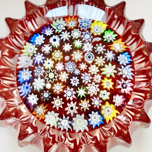 Peter McDougall Glass Fluted Paperweight Close Packed Millefiori Red Base