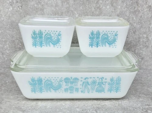 Complete Set Vtg 4 Pyrex Amish Butter print Refrigerator Dish 501 502 503 + Lids