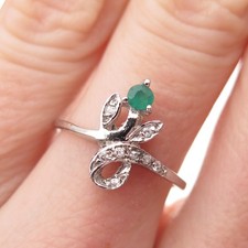 925 Sterling Silver Vintage Real Green Chalcedony  C Z Floral Ring Size 6.75
