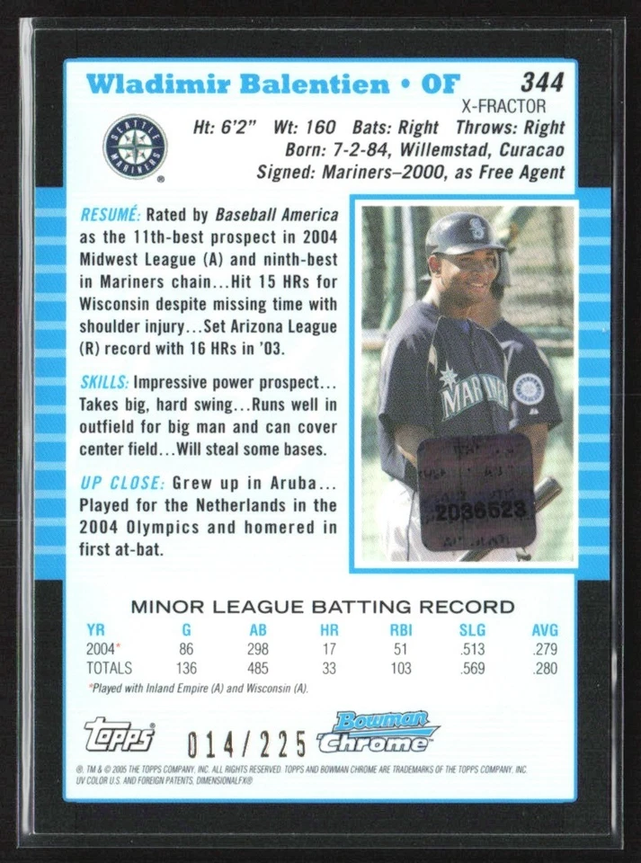 Wladimir Balentien 2005 Bowman Chrome X-Fractor Auto /225 B #344 Seattle - Image 2 of 2