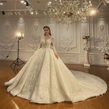Princess Long Sleeves Beading Puffy Wedding Gown Beaded Luxury Court Train 
