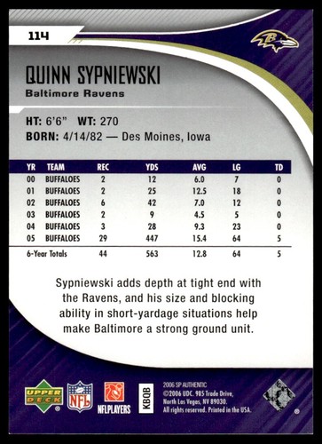 2006 SP Authentic Quinn Sypniewski Rookie 229/750 Baltimore Ravens #114 R110 - Picture 2 of 2