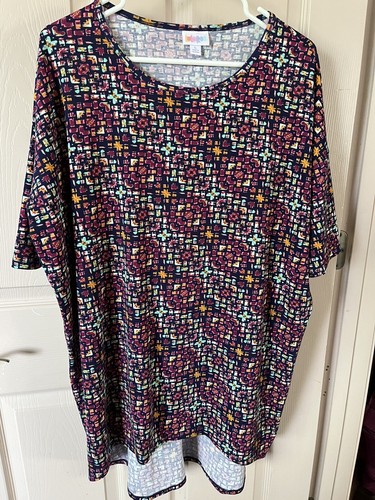 LuLaRoe PERFECT T Burgundy Aqua Orange Abstract Art Loose Swing Hem Top. Large. - Picture 6 of 7