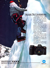 Minolta Maxxum 7000i Mountain Climber Frozen Ice Athlete Vintage Print Ad 1990