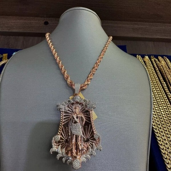 Alternate view of 2ct Round Cut Natural Moissanite Men's Saint Lazarus Pendant Yellow Gold Plated