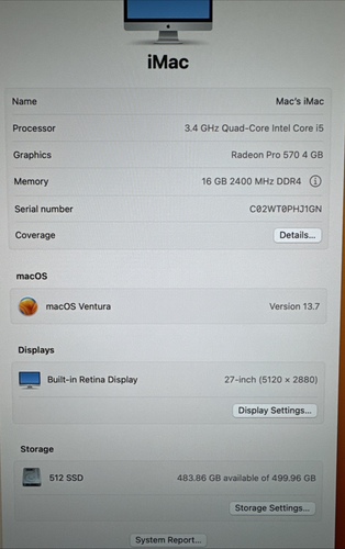 iMac 21.5" 2017 Intel i5-7500 3.40GHz 16GB RAM 512GB SSD MacOS Ventura - Bild 9 von 10
