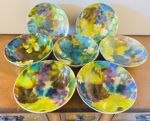 7 Vintage Traymold Fiberglas Schalen blau lila grün gelb Blumen MCM 6,5" - Bild 3 von 4