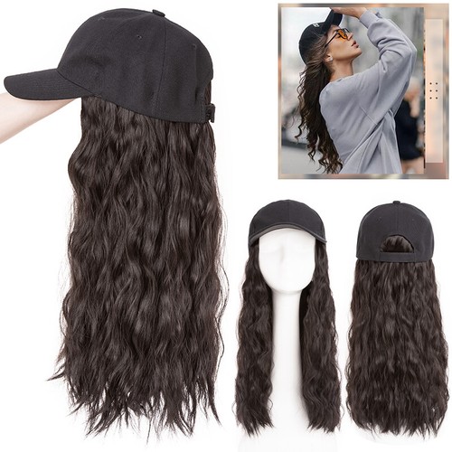 Baseball Hat Black White Red Cap with Hair Long Wavy Wigs Bucket Hat for Women - Picture 68 of 116