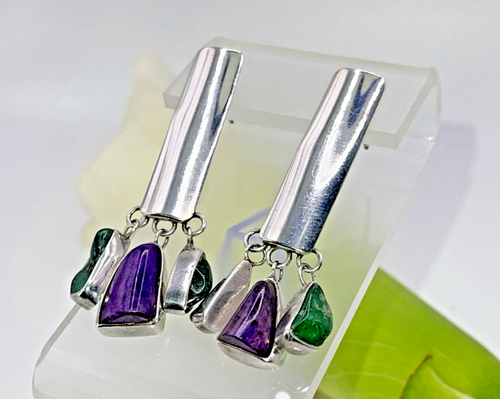 Lilly Barrack Dangle Earrings w/ Green & Purple Stones - Picture 2 of 9