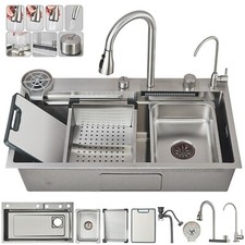 31.5" Flying Rain Waterfall Kitchen Sink Stainless Steel Single Bowl with Faucet