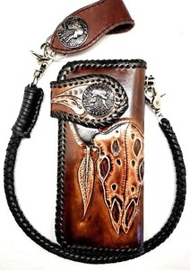 Biker-Chain-Wallet-motorcycle-trucker-Buffalo-Skull-tooled-engraved-Leather
